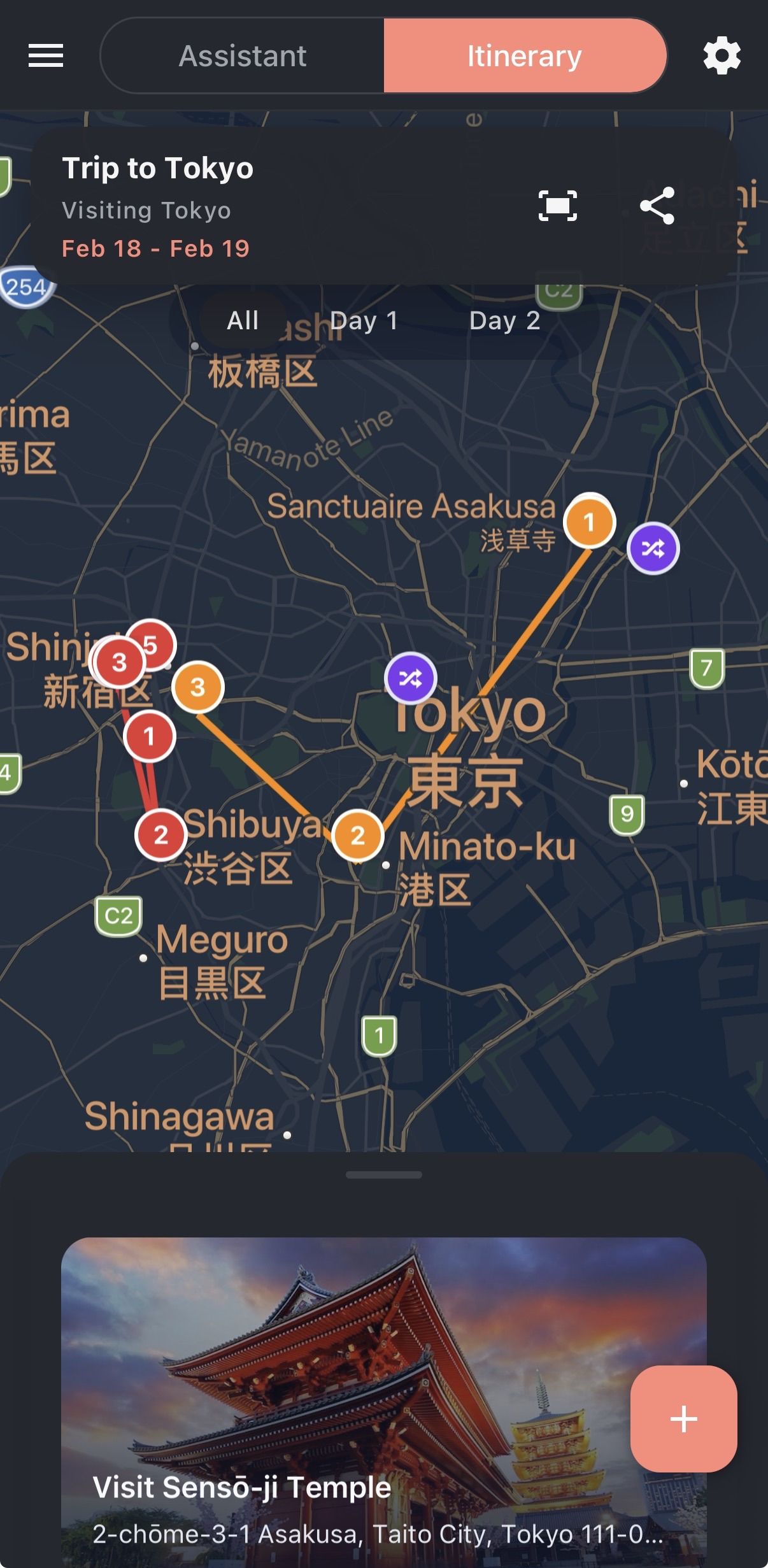 Itinera app showing a Trip to Tokyo itinerary with map view